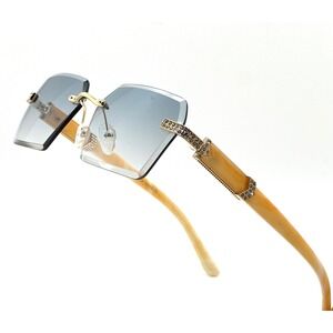 Rimless Sunglasses Octagon Lens Rhinestone Accents Wood‎ Arms Fashion